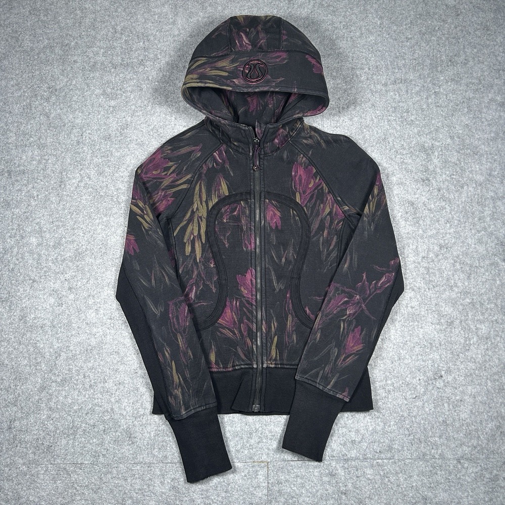 Lululemon Scuba Hoodie Women's Size 4 Black Midnight Iris Floral Activewear Nulu